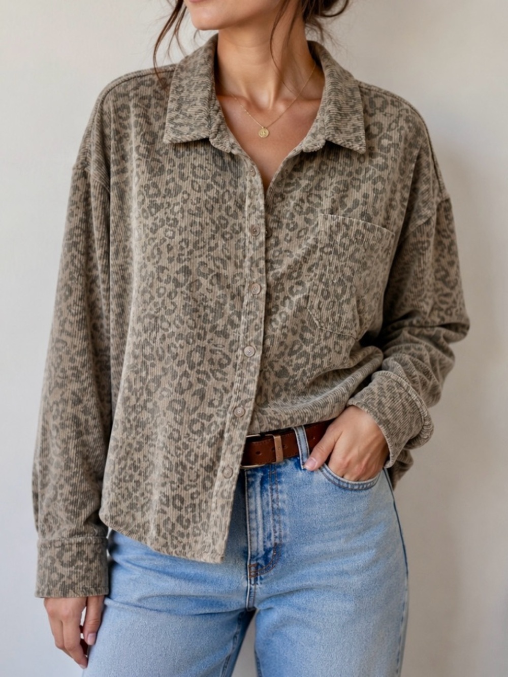 Wishlist Apparel Leopard Print Corduroy Oversized Shacket Button Up Top Size S/M